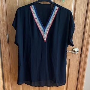 Black V-Neck Embroidered Women's Top